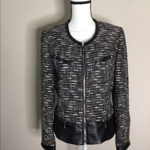Etcetera Luxury NWOT Black-White Tweed Jacket 10 Faux Leather Contrast Zippers